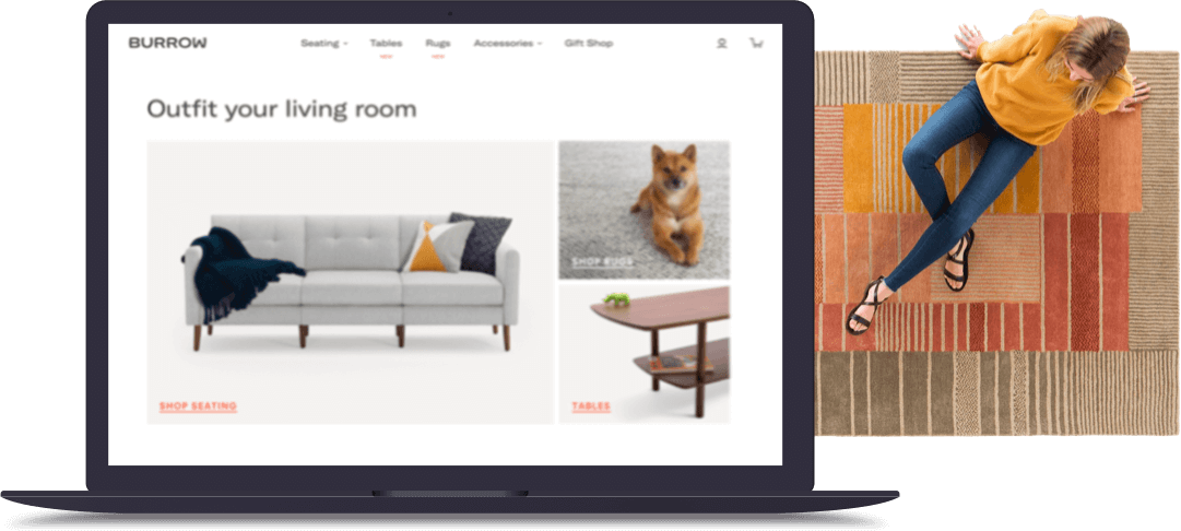 WooCommerce E-Ticaret Sitesi Tasarımı ve Kullanıcı Deneyimi Laptop ekranında WooCommerce temalı ürün sayfası ve yanında halının üstünde uzanmış müşteri figürü